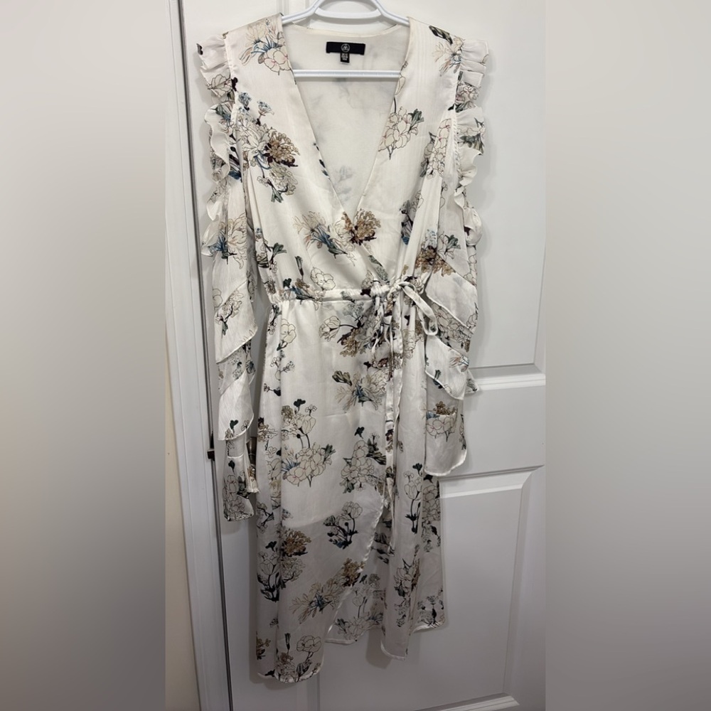 Floral Wrap Cold Shoulder Midi Dress in Cream